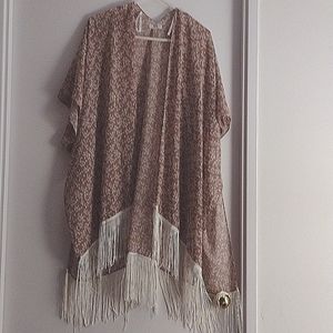 Tan Cardigan Style Poncho/Cover Up with White Fringe